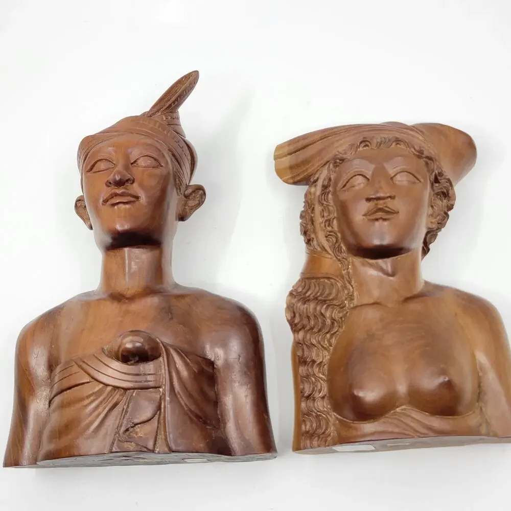 Vintage Bali Solid Carved Wooden Bust of a Young Woman Princess